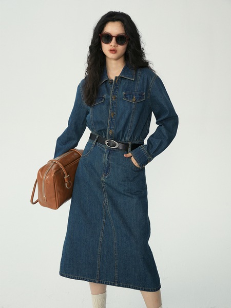 レトロな春のミドル丈デニムドレス