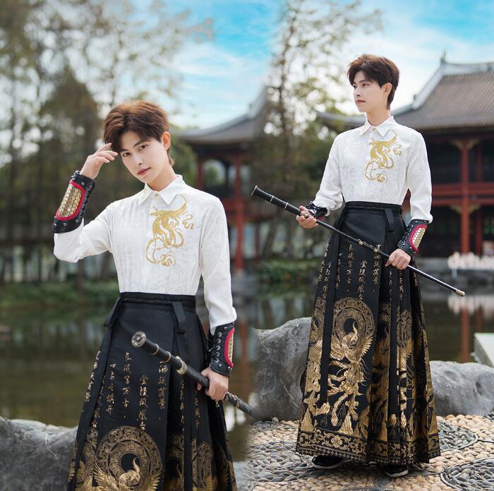 カップル漢服唐装　メンズレディース中華伝統的漢服　ロング丈プリーツシャツ　チャイナブラウス　龍柄刺繍　メンズ中華古風コスプレ衣装　コスプレ漢服　チャイナ舞台ステージ服　ハロウィン　クリスマス仮装変装イ