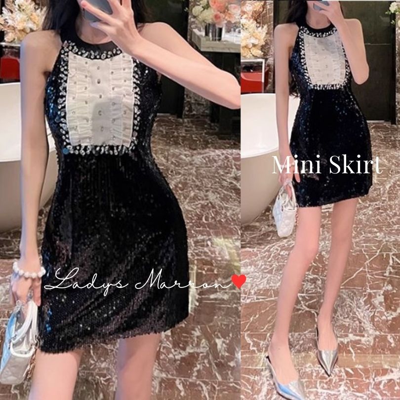 【急速出荷 2025年新作】ミニワンピース 韓国 ミニドレス キャバ嬢ドレス タイトミニワンピース タイトミニドレス 黒ミニドレス ノースリーブ ホルターネック スパンコール 夏 ワンピース ミニ丈