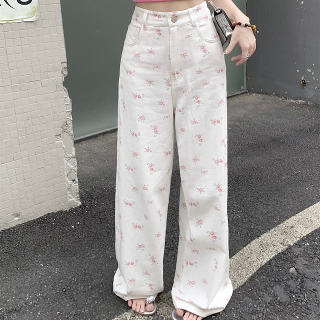 パンツ デニム ジーンズ 花柄 ピンクの花 ワイド ストレート ハイウエスト 脚長効果 美脚効果 細見え 春 白 ホワイト カジュアル 韓国ファッション レディース お出かけ