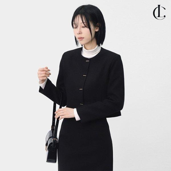 レディース 春 プレミアム オフィス ミニマル アウター ノンカラー ショルダーパッド ショート ツイード ジャケット LSLOT017