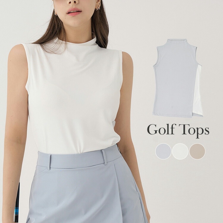 ゴルフウェア トップス レディース 韓国 シャツ ノースリーブ 配色 モックネック ハイネック ストレッチ 夏 春 秋 ベージュ グレー 白 春夏