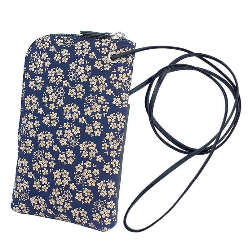 [印傳屋] 印伝 スマホポシェット スマホケース 鹿革 紺地×白漆 忘れな草柄 5027-14-181