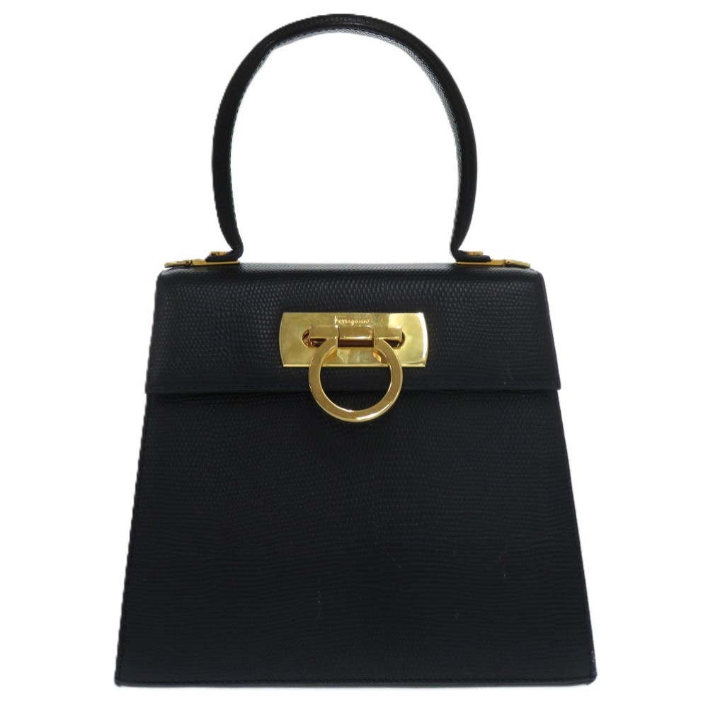 美品 サルヴァトーレフェラガモ ガンチーニ ゴールド金具 ハンドバッグ リザード/リザード ネイビー 0435【中古】Salvatore Ferragamo レディース