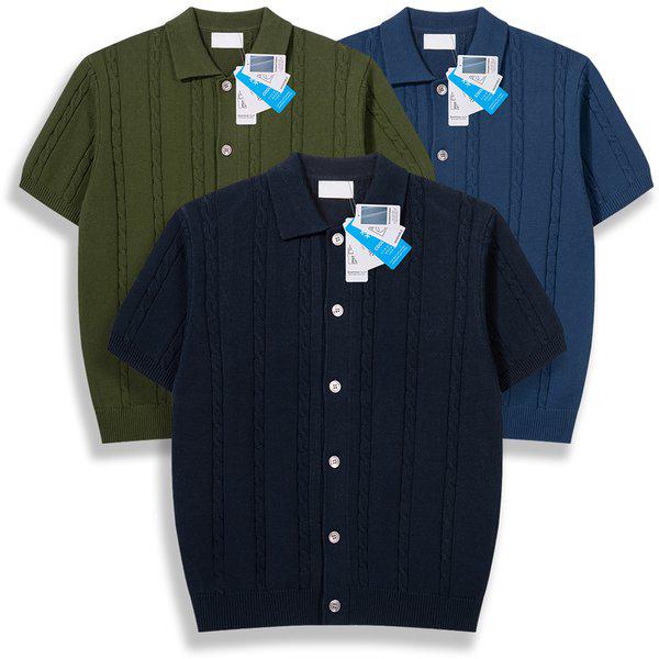 サマーケーブルボタンカーディガンカラネック半袖Tシャツツイストメンズ