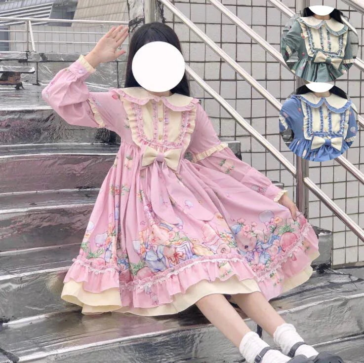 甘いロリータ服 甘ロリ ロリータワンピース 長袖ワンピース 可愛いロリータ服 丸襟 フリル 動物柄 4,949円