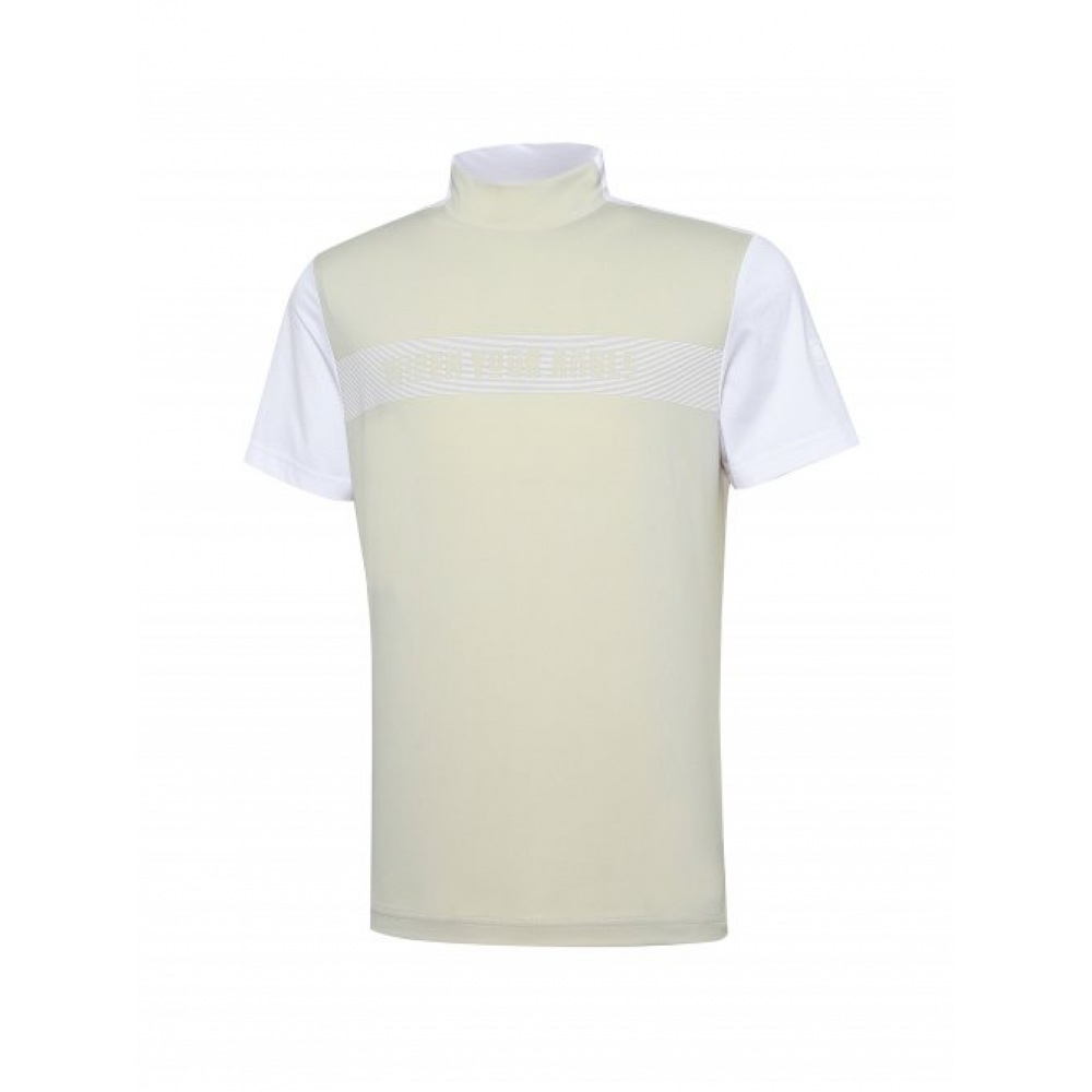WIDEANGLE VA メッシュミックスブロックハイネック Tシャツ M_ベージュ