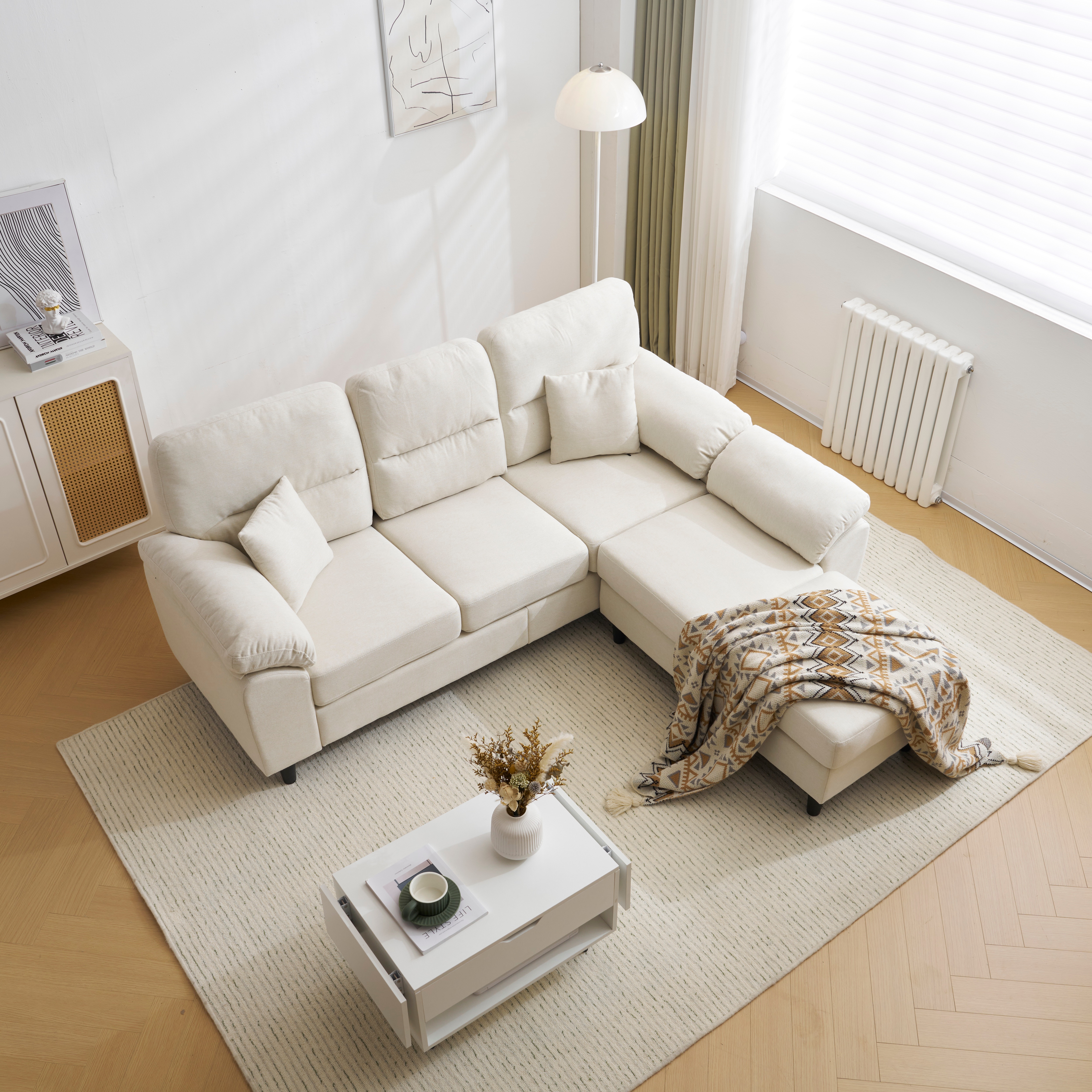 【大好評！最安値挑戦!】ソファ ソファーセット 5人掛け 2-5人掛け L字 クッション付き 肘付き コーナー ローソファー ローソファーセットGG9476 White FabricG18