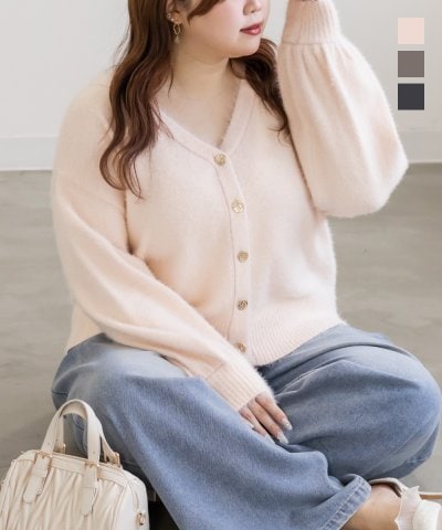 大きいサイズ レディース LL 3L 4L XL XXL XXXL CLETTEオリジナルゴールドボタンシャギーニットカーディガン