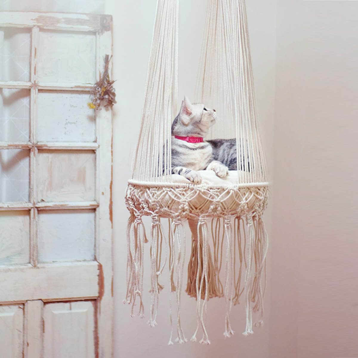 ハンモック マクラメ編み キャットハンギングベッド ドレープ 猫 マクラメ おしゃれ ペットベッド アニマル BOHOスタイル ハンギングベッド ハンギング ボヘミアン 南国 ねこ ベッド