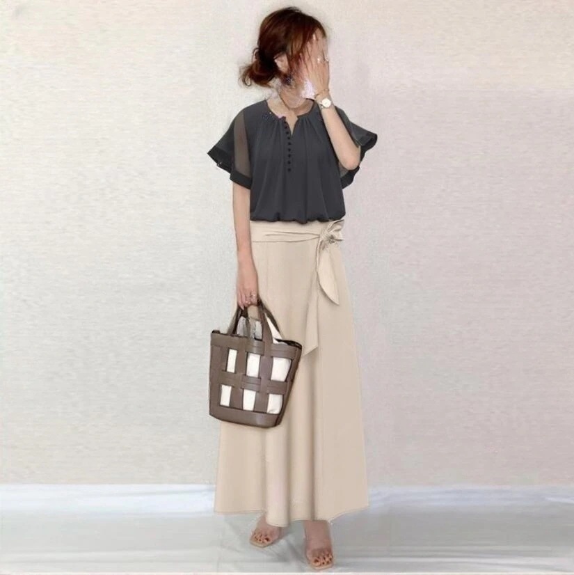 2025新作 ガウチョパンツ 通勤オシャレセットアップ 母の日 春夏 体型カバー 韓国ファッション2点セット スカート 半袖シャツ