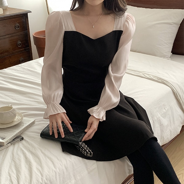 異素材切り替えハートネックフレアワンピース op14897