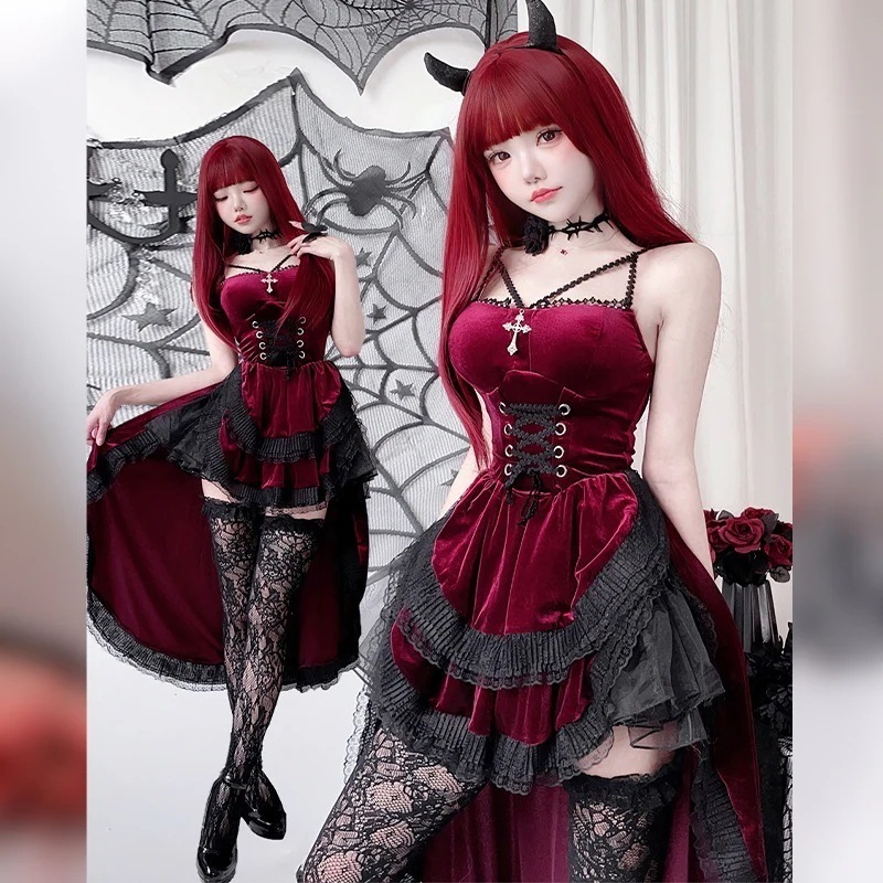 正規品ゴシック暗黒レースワンピースメイドコスプレ衣装女性アニメ小悪魔cos服