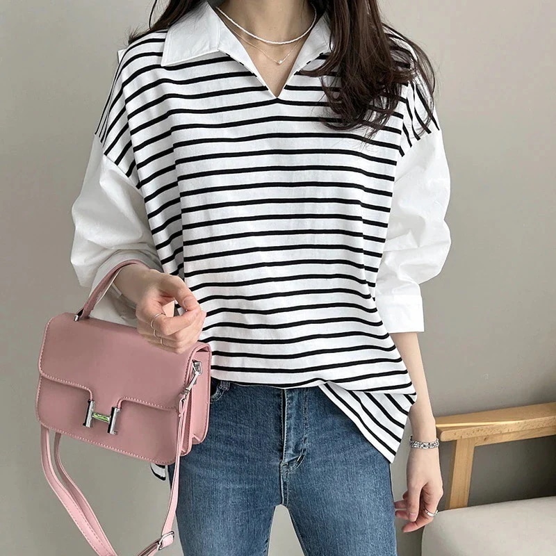 【急速出荷!】クルーネック トップス フェイクレイヤード ストライプシャツ 五分袖 トップス ゆったり シャツ 体型カバーチュニック使える！シフォンブラウスシンプル無地Tシアーシャツ