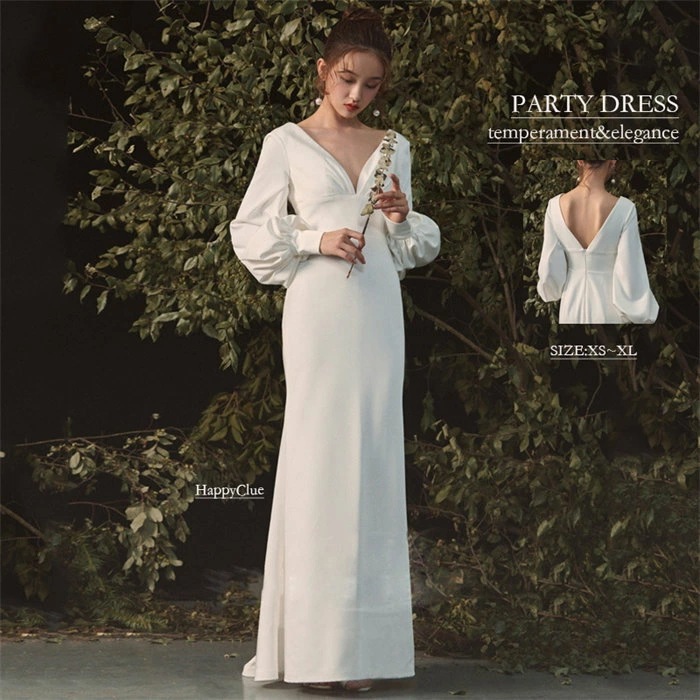 ウェディングドレス 二次会 Vネック フェミニン エンパイア ブライダル 花嫁ドレス パーティードレス 成人式 ロングドレス レディース ピアノ礼服 演奏会 発表会 きれいめ 白 白ドレス フォーマル