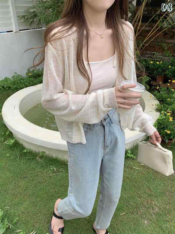 気品 v ネック 雰囲気 感 夏の 薄い ins 竹節 麻 日焼け 止め コート 長袖 ニット 上着 女性の カーディガン