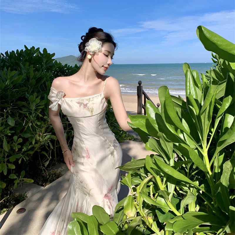 ワンピース 夏 女性 花柄 ドレス ウエスト スリム フィッシュテール ロング スカート サマー エレガント ノースリーブ レディース フリル
