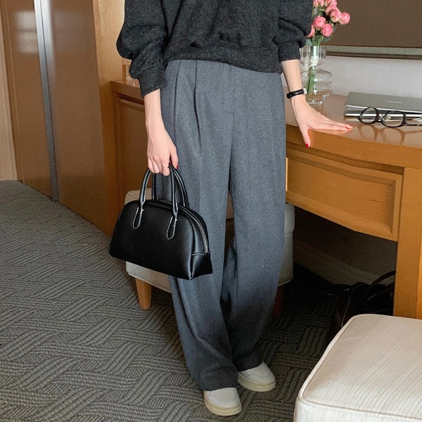 韓国ファッション バックル 調節 ピンタック ワイド スラックス パンツ