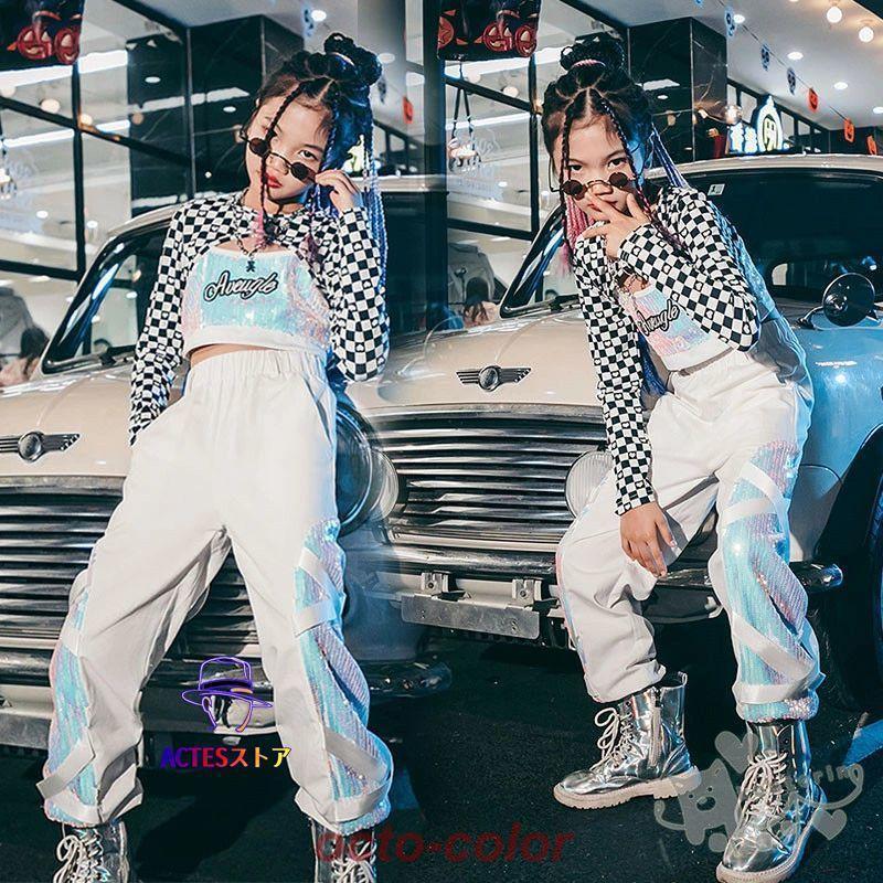キッズ ダンス衣装 セットアップ 長袖　トップス キラキラ 切り替え ベスト へそ出し ロングパンツ 女の子 舞台服 演出服 K-POP ステージ衣装 練習着 体操服