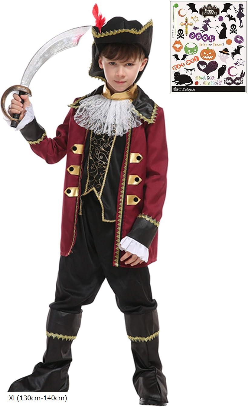 海賊 キッズ 船長 衣装 ハイクラス パイレーツ キャプテン ハロウィン タトゥーシール付き 2点セット キッズコスチューム 男の子 S734 XL(黒赤白 XL)