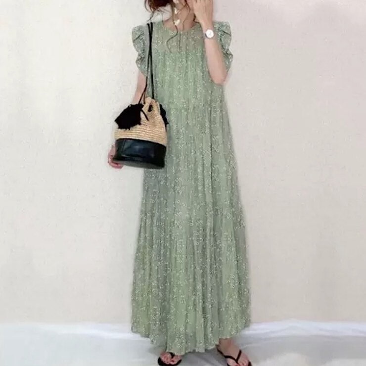 ワンピース レディース スカート ロング丈 マキシ丈 グリーン Uネック 花柄 フラワー