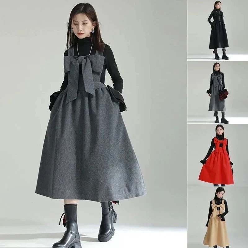 【J.Fashion】 Aライン 蝶結び キャミワンピース 秋冬 ラシャ ゆる サロペット ニットワンピース ドレス ロングワンピース メガ割30%までに制限