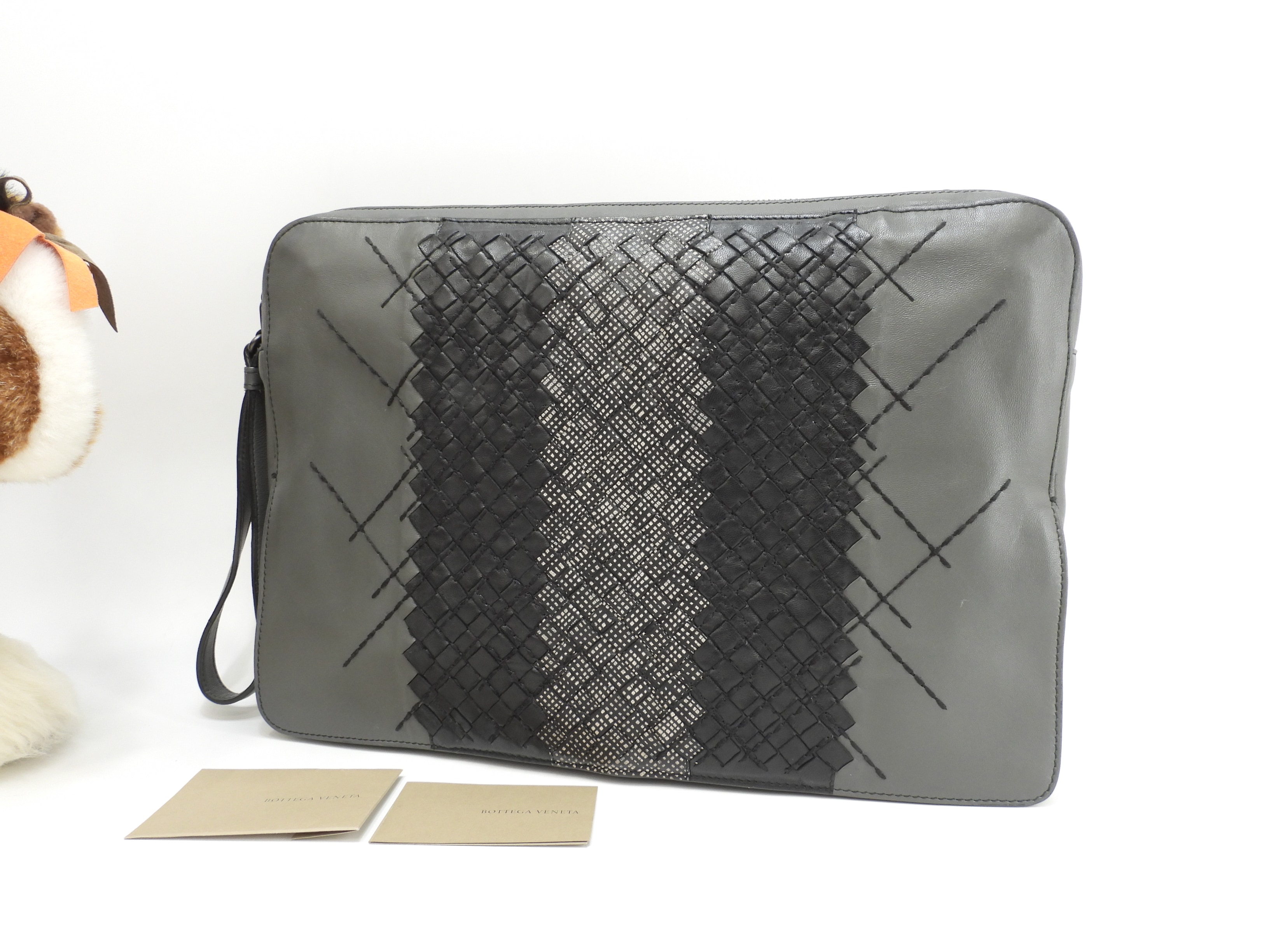 クラッチバッグ イントレチャート レザー灰黒 セカンドバッグ メンズ 美品@B06334657O