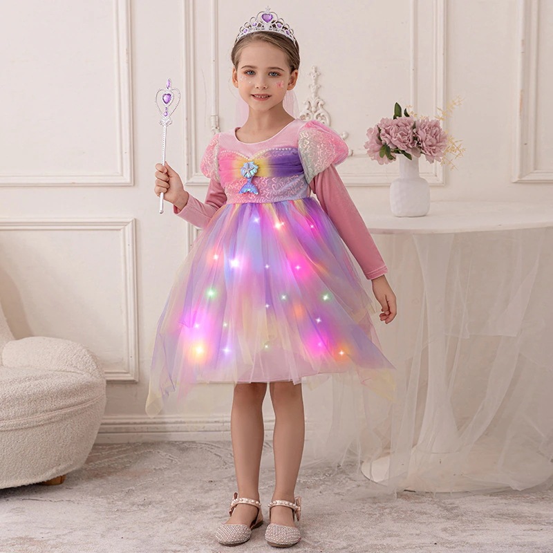 【速達!】女の子ワンピースバブリースリーブスカート女の子赤ちゃんポンポン七色に光るマーメイドプリンセススカート