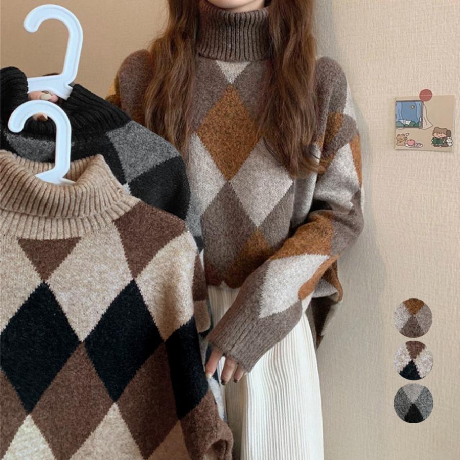 【即納】タートルネックニットス アーガイル