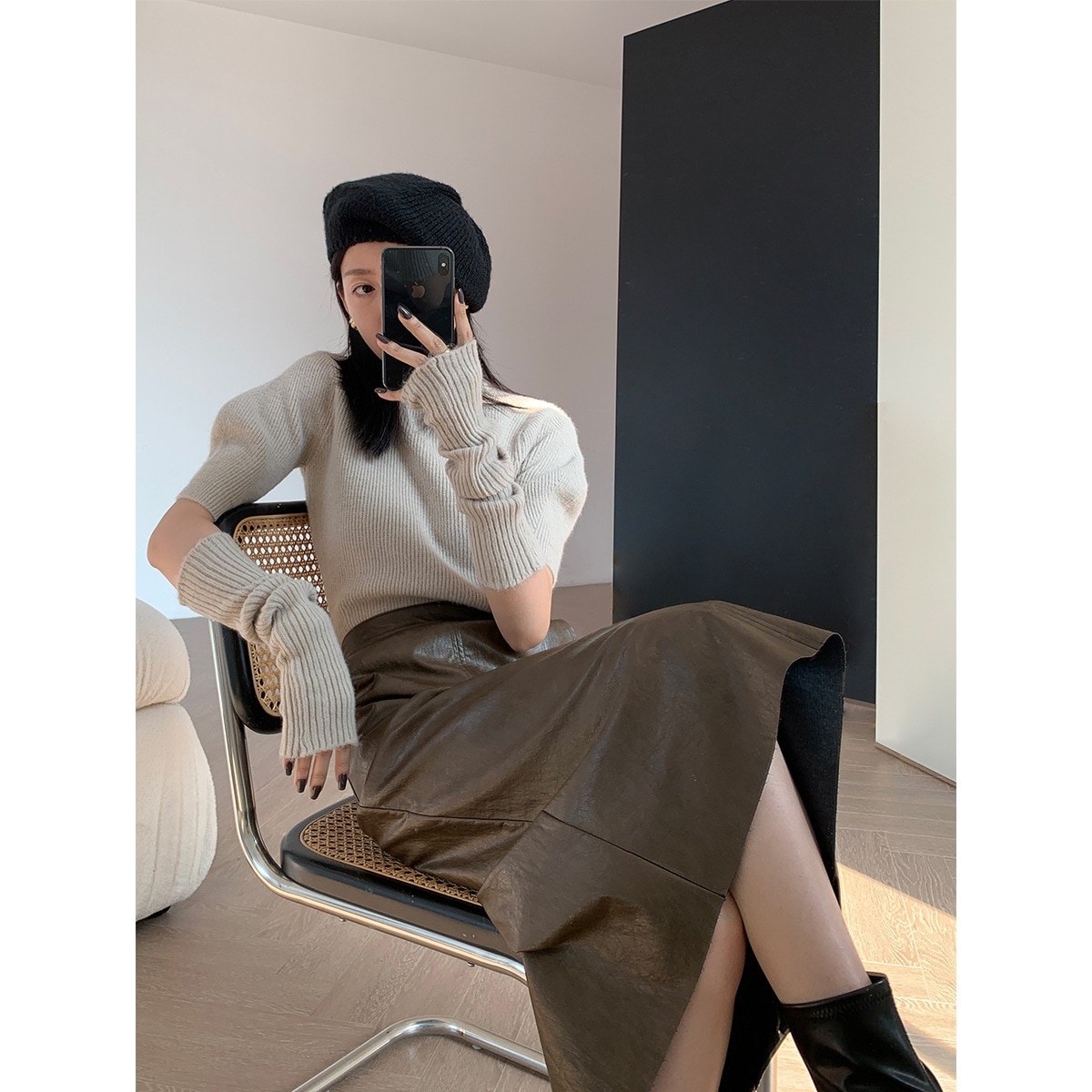 アームウォーマー ニット フェミニン トップス デート プルオーバー 半袖 5分袖 ボリューム袖 パフスリーブ 萌袖 パワーショルダー ハイネック 襟なし スリム スリムフィット 3点セット