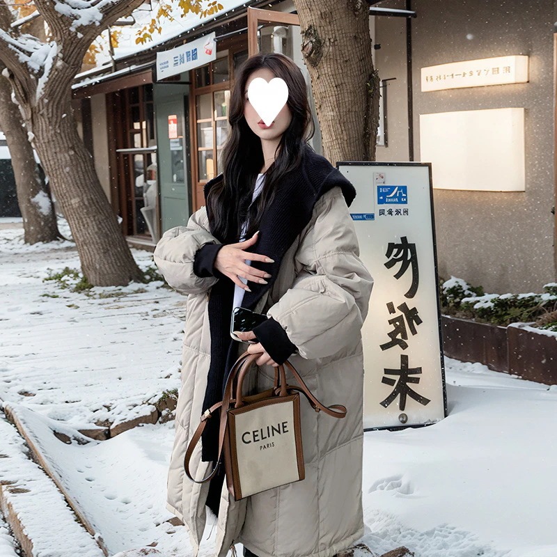 レディースフード付きパッチワークダウンジャケット冬の新スタイル人気の韓国スタイルミドル丈厚手暖かいホワイトダックダウンコート