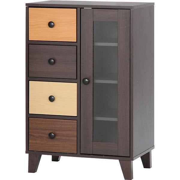 北欧風 キャビネット/収納棚 カラフル 幅59cm 引き出し4杯 天然木/脚部取っ手 可動式棚板 ウッドグラデーション