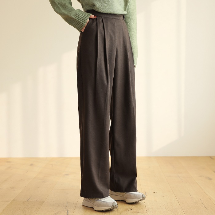 [韓国ファッション] ウール混紡素材 ダブルタック ハイウエスト ワイドスラックス