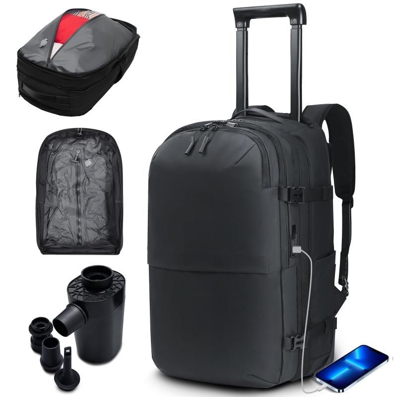キャリー リュック 真空圧縮 キャリーバッグ 電動ポンプ付き 17インチPC対応 エア真空 3way キャリーオン機能 マチ拡張 機内持ち込み 2輪 USB-C充電ポート バックパック 大容量 RFI