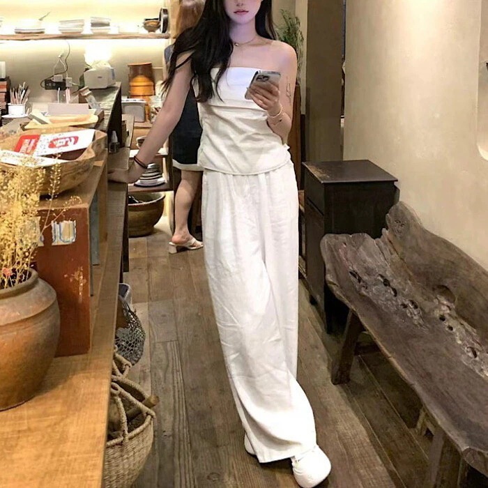 セットアップ 2点セット レディース トップス パンツ ボトムス チューブトップ ベアトップ ストレートパンツ ロングパンツ ショート ロング 袖なし ノースリーブ スリム 細身 フェミニン