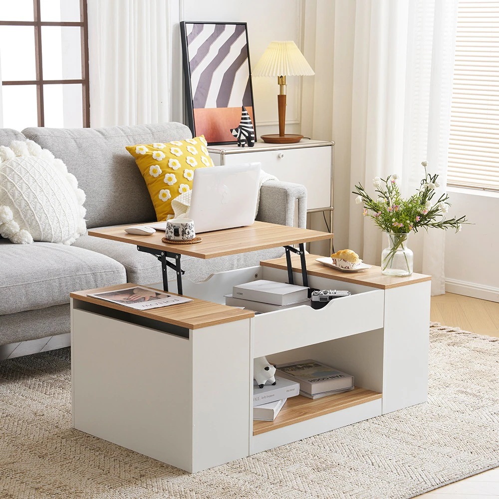 【国内入荷済】【新作登場】センターテーブル 昇降テーブル 大容量収納 収納付き 幅110CM 北欧風 リビングテーブル ローテーブル モダン 組み立て簡単 耐久性抜群【ホワイト】-1908