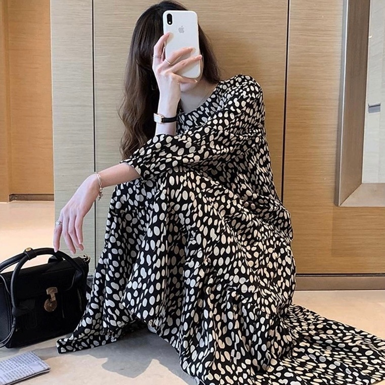 ワンピース フレアワンピース ミモレ丈 袖あり 七分袖 襟なし ルーズ フリル ハイウエスト プルオーバー 薄手 大人可愛い きれいめ シンプル カジュアル 大人 上品 お洒落 かっこいい レトロ