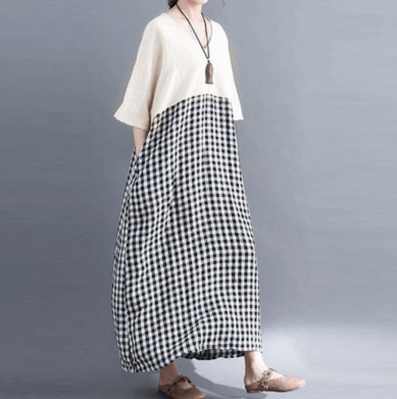 ワンピース ロング ロング丈 袖あり かわいい 大人可愛い きれいめ シンプル カジュアル 大人 Vネック ロング丈 半袖 チェック柄 フレア 楽ちん 体型カバー マタニティ ママ 春夏 韓国モテ