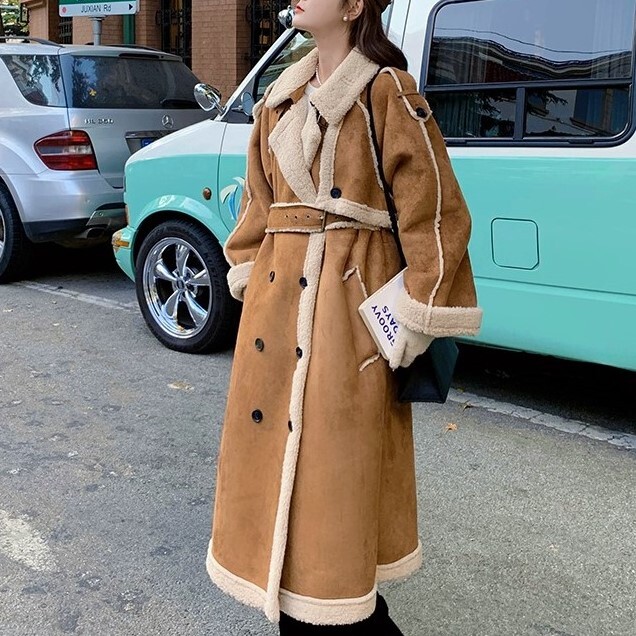 コート アウター 上着 レディース ボアコート ムートンコート 膝下 マキシ 長袖 ボリューム袖 Vネック スタンドカラー ベルト ワイド ストレート オーバーサイズ ベルト ウエストマーク もこもこ