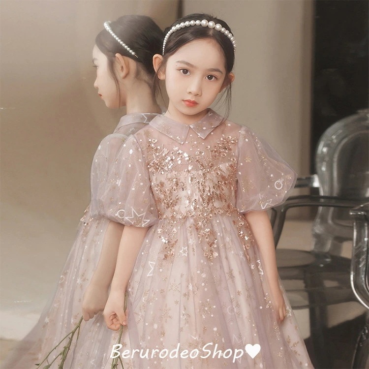 【TIME HOLDER】子供ドレス ロングドレス ピアノ発表会ドレス ライトパープル 女児ドレス パフスリーブ 襟付き 折り襟 可愛いドレス 女の子 入学式 卒業式 女の子 演奏会ドレス 100-1