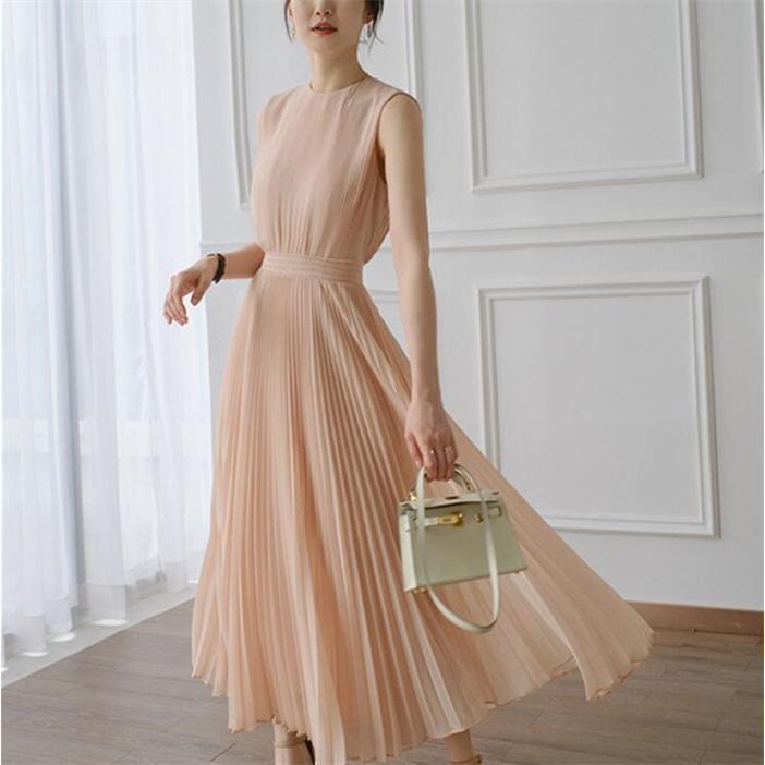 ワンピース レディース 夏 ロングワンピース マキシ丈 プリーツ ワンピース 体型カバー 着痩せ 30代 40代 Uネック 優しい きれいめ フレンチ
