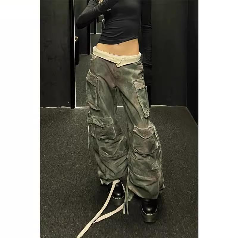 デニムパンツ レディース ボトムス タイダイ ジーンズ アメリカン レトロ ダメージ加工 ワークウェア ストリート ワイド ロング 秋冬