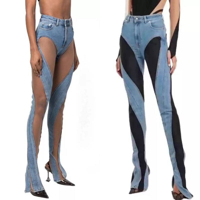 穴あけデニムパンツ ジーンズ 2色 シースルー クール セクシー レディース ロングパンツ 異素材ミックス スリム カジュアル かっこいい 無地 春 夏 デート お出かけ 休日 ライブ S M L