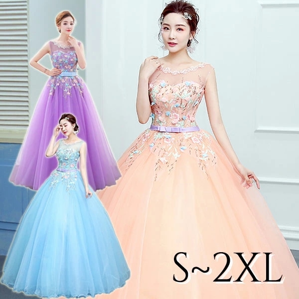 大ヒット中 ロングドレス ピアノ 発表会 演奏会 カラードレス 大人 ステージ 衣装 小さいサイズ 大きいサイズ 丸襟 ノースリーブ ブルー ピンク パープル 舞台 コンサート パーティー用【S/M/