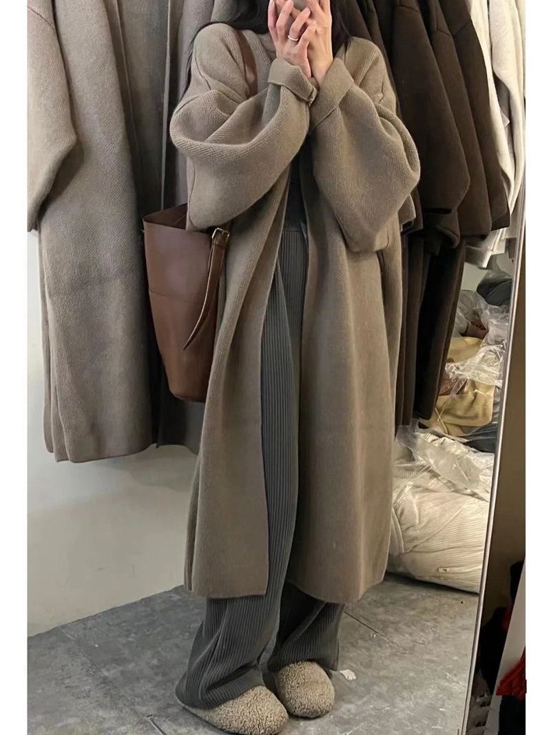 春秋 ロング丈 ニーカーディガン レディースファッション ロングコート ゆったり 体型カバーニット コート 4,750円