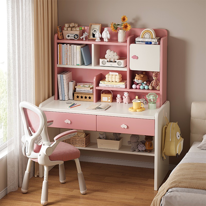 木儿童书桌书架一体学习桌小学生卧室写字桌椅套装家用升降课桌