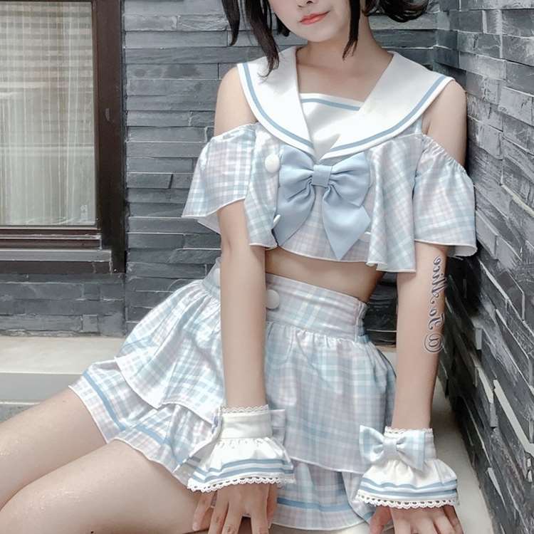 【激安本日限定】韓国レディース水着 ネイビー水着 ふんわり女の子分割可愛いハイウエスト水着セット 温泉水着