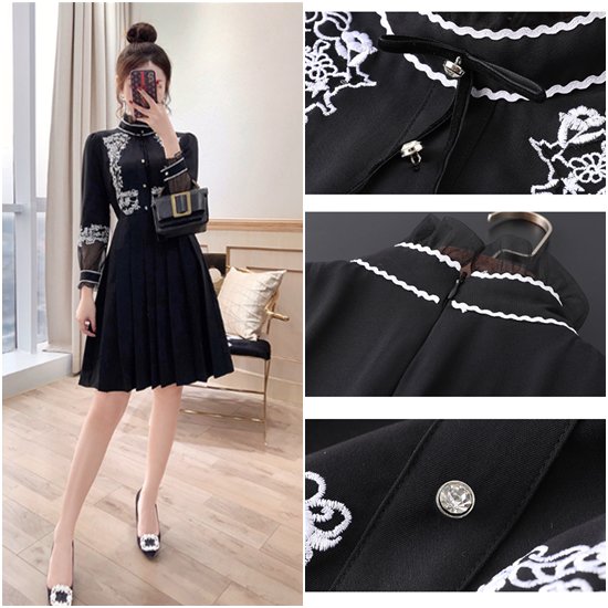 【取寄：納期2週間】結婚式ドレス 大きいサイズ XL 2XL シフォン 刺繍 お呼ばれ フォーマル きれいめ パーティードレス スリムフィット 長袖 エレガント 上品 長袖ワンピース Aラインスカート