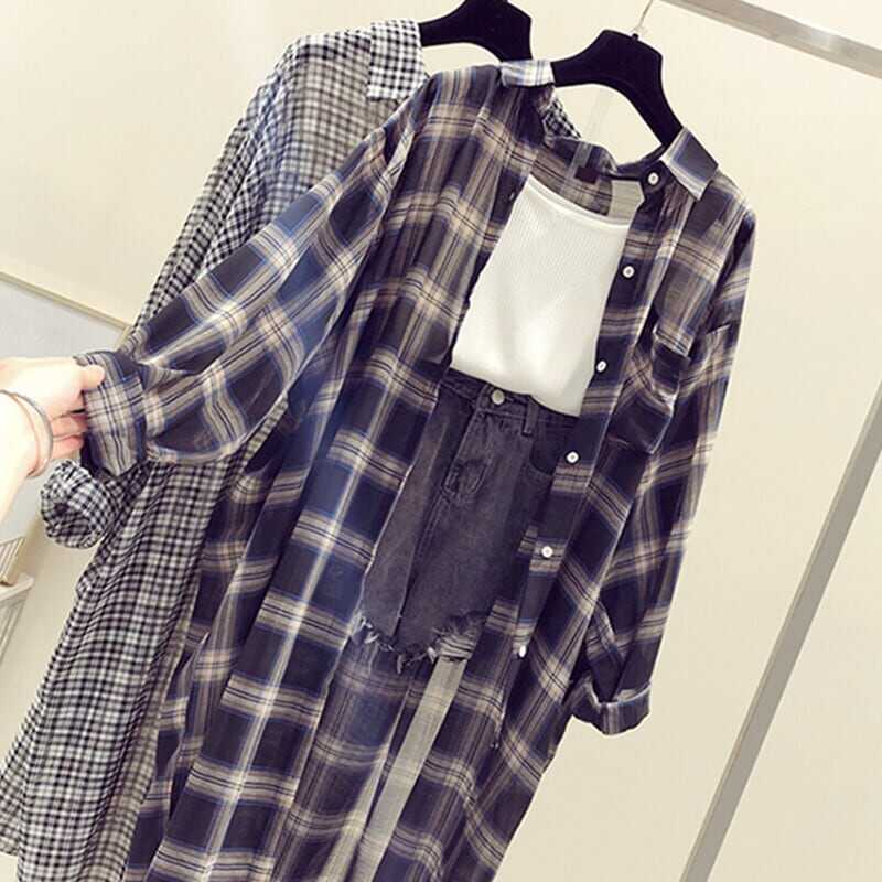 トップス シャツ ロングシャツ ロング丈 袖あり 長袖 シンプル カジュアル 大人 上品 おしゃれ レトロ こなれ感 ラフ 抜け感 チェック柄 グリッド 春 夏 10代 20代 30代 40代 レディ