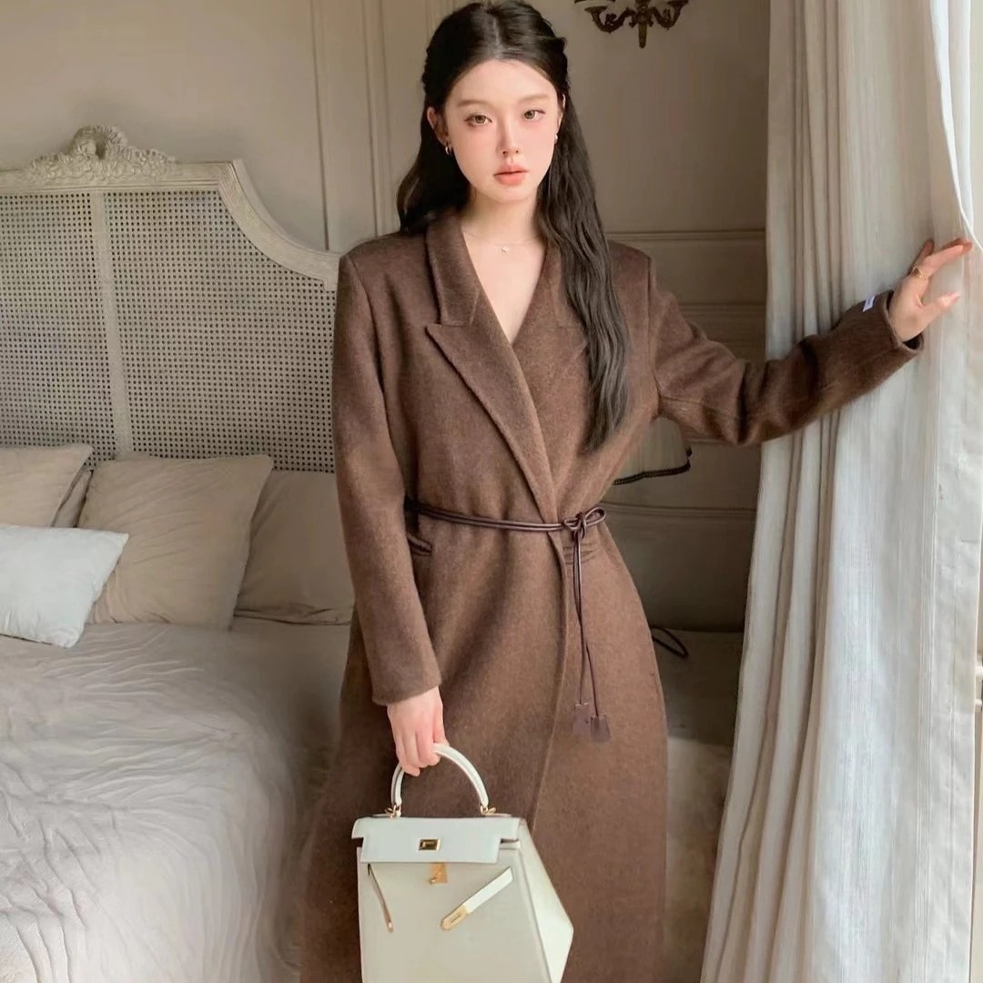 両面カシミアコート レディース PUベルト ミディアムロング ストレート Vネック 両面ウールコート